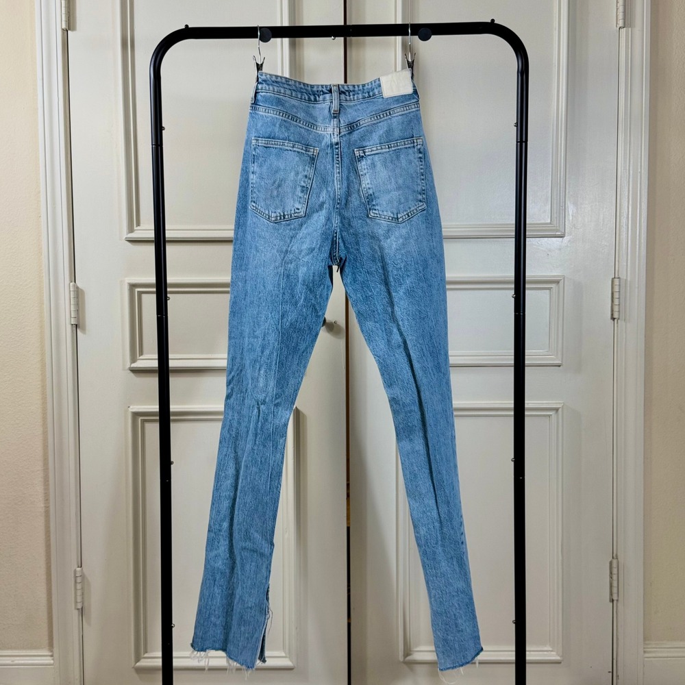 Zara Distressed Hi-Rise Straight Leg Jeans Women's 4 Blue Denim Slit Hem Acid - Picture 9 of 13